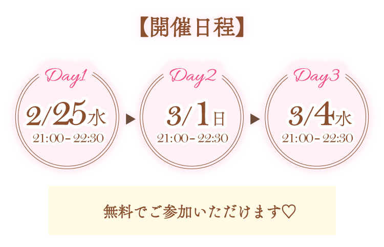 【開催日程】2/25(水)21:00-22:30、3/1(日)21:00-22:30、3/4(水)21:00-22:30