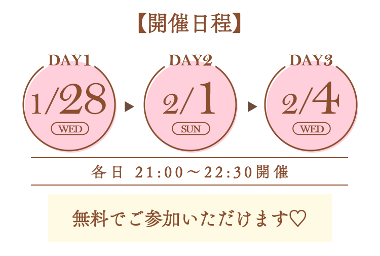 【開催日程】1/28(水)21:00-22:30、2/1(日)21:00-22:30、2/4(水)21:00-22:30
