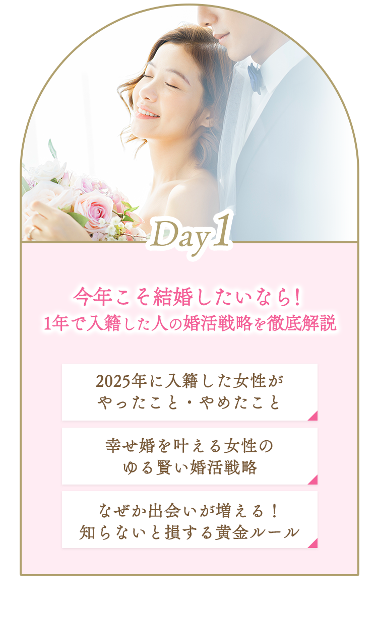 Day1：今年こそ結婚したいなら！1年で入籍した人の婚活戦略を徹底解説